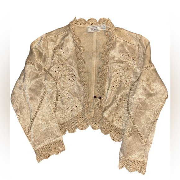Flashback couture Jackets & Blazers - Tan Blazer with Ornate Embroidery and Scalloped Edges